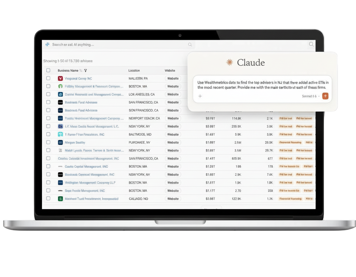 Wealthmetrica – AI-powered investor intelligence platform Wealthmetrica investor intelligence platform displaying a searchable table of 15,796 investment advisors with AUM, location, and contact data, shown on a MacBook with an AI-powered search assistant